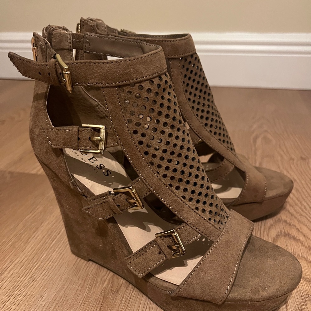 Guess Brown Suede Wedge Sandals with Cage Design